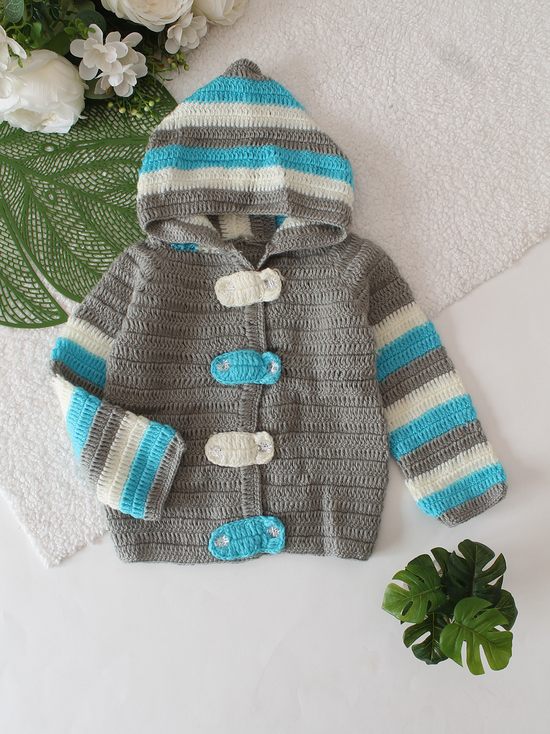 Hooded Striped Front Openable Cardigan - Grey