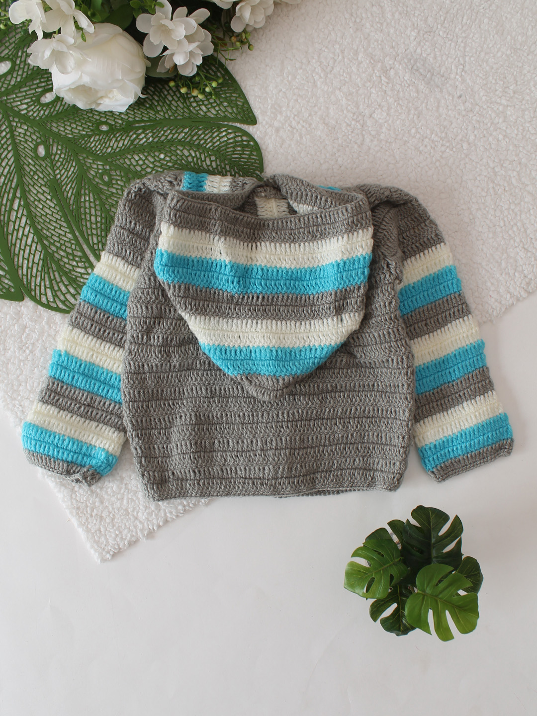 Hooded Striped Front Openable Cardigan - Grey