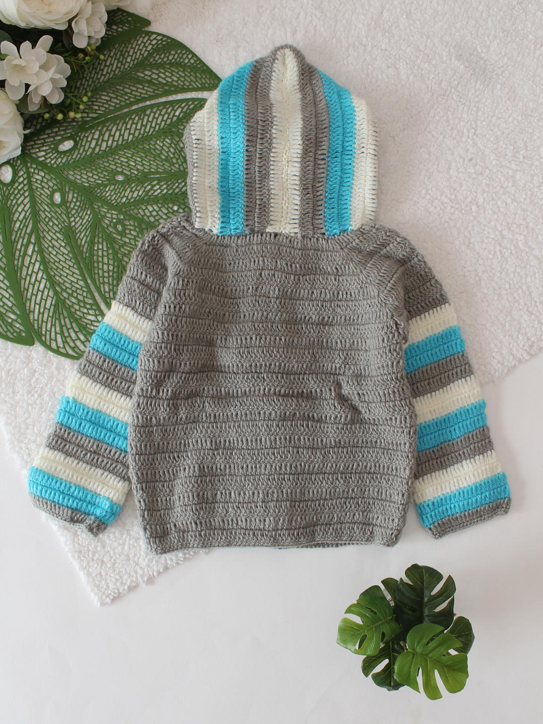 Hooded Striped Front Openable Cardigan - Grey
