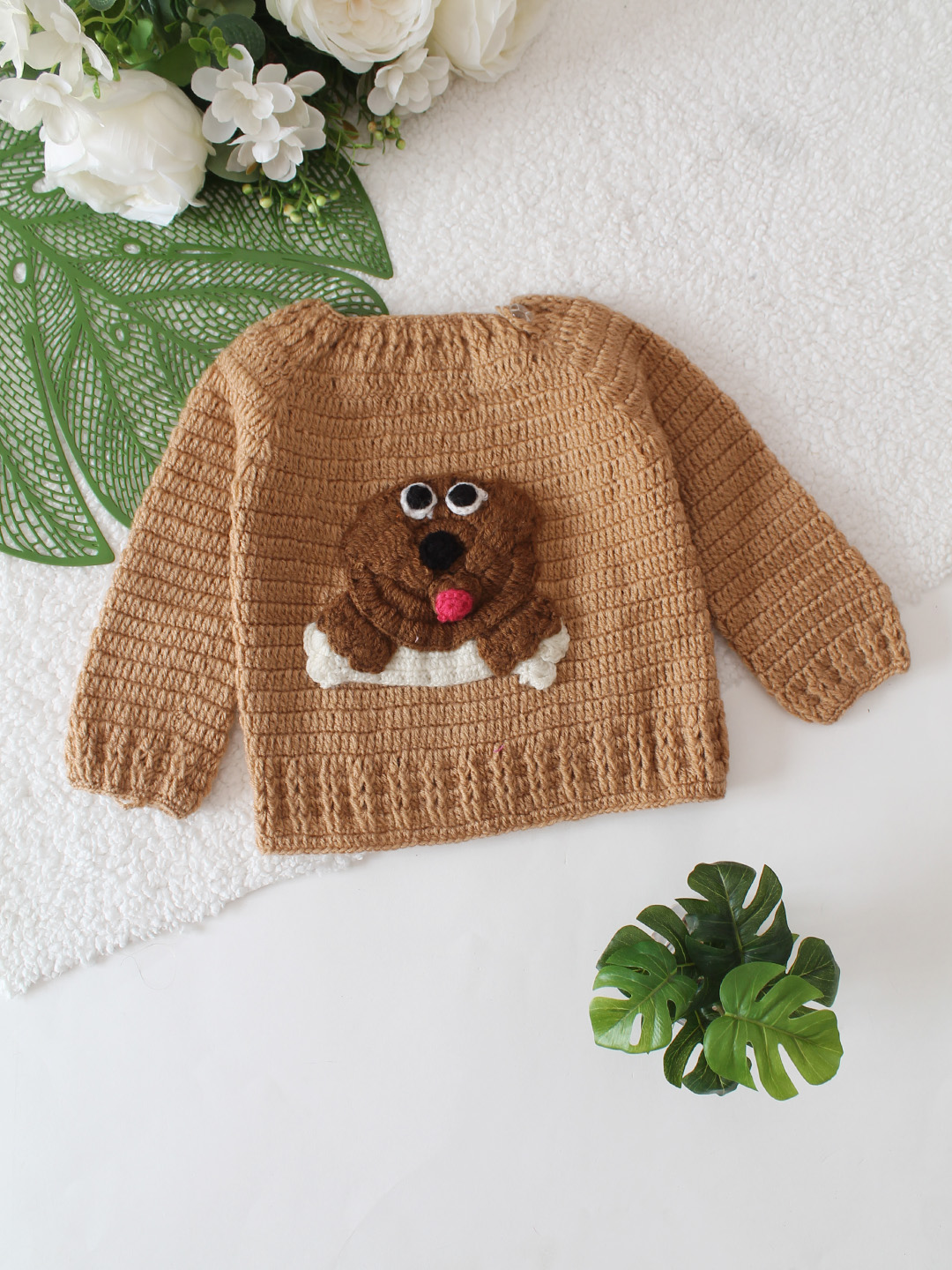 Dog Applique Crochet Pullover - Brown