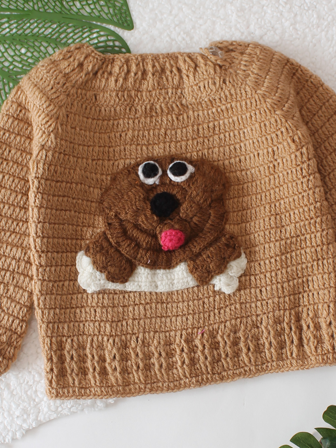 Dog Applique Crochet Pullover - Brown