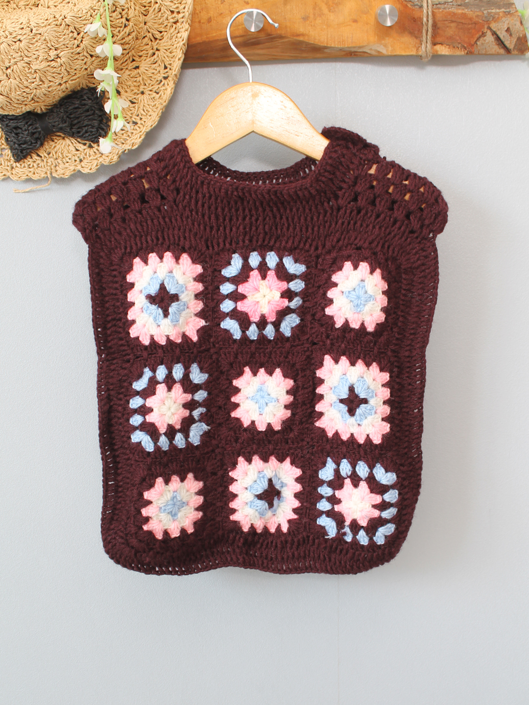 Granny Square Sweater with Side Tie Knot - Brown