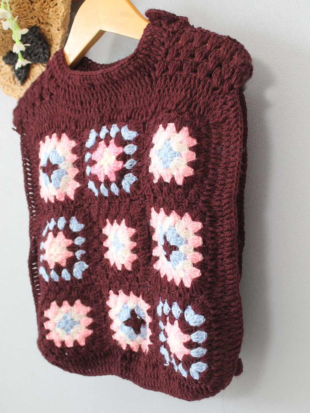 Granny Square Sweater with Side Tie Knot - Brown
