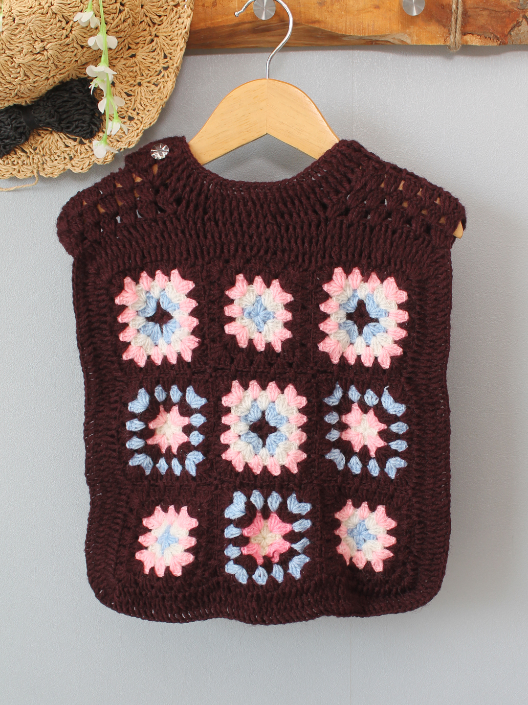 Granny Square Sweater with Side Tie Knot - Brown