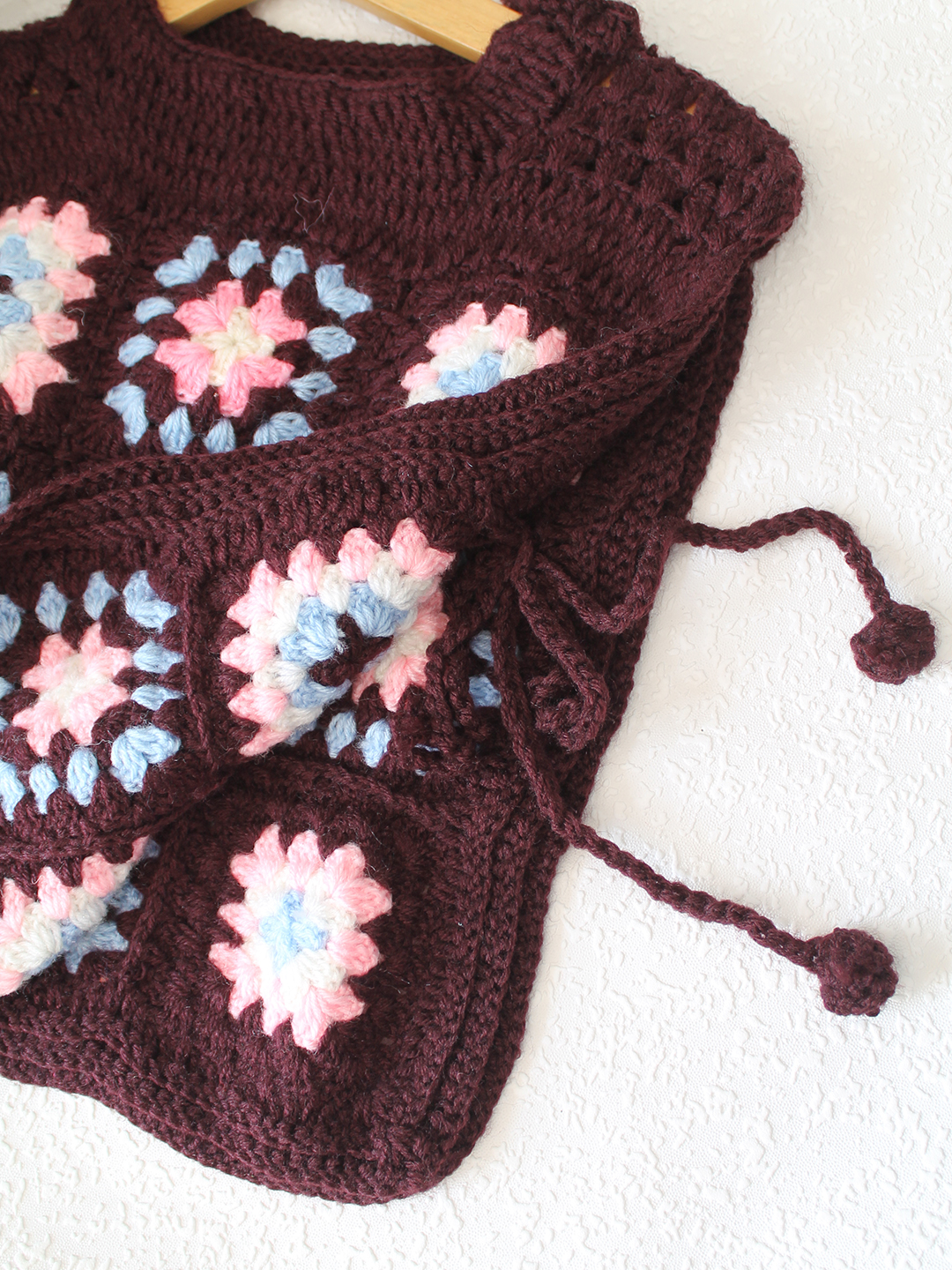 Granny Square Sweater with Side Tie Knot - Brown