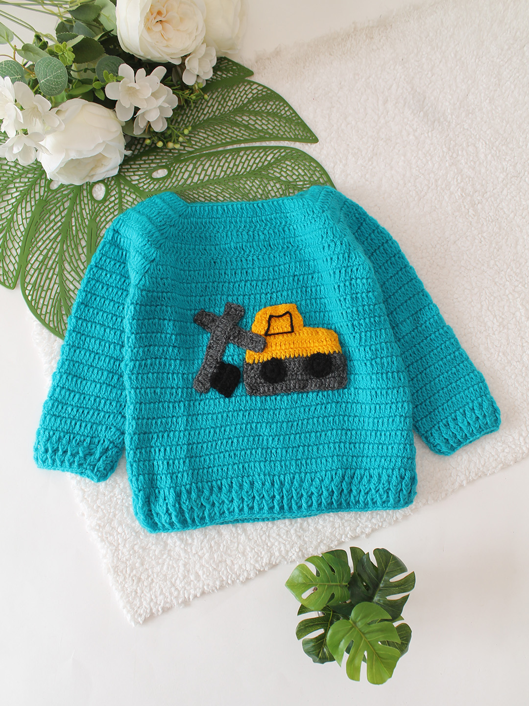 Construction Truck Designed Crochet Sweater - Blue
