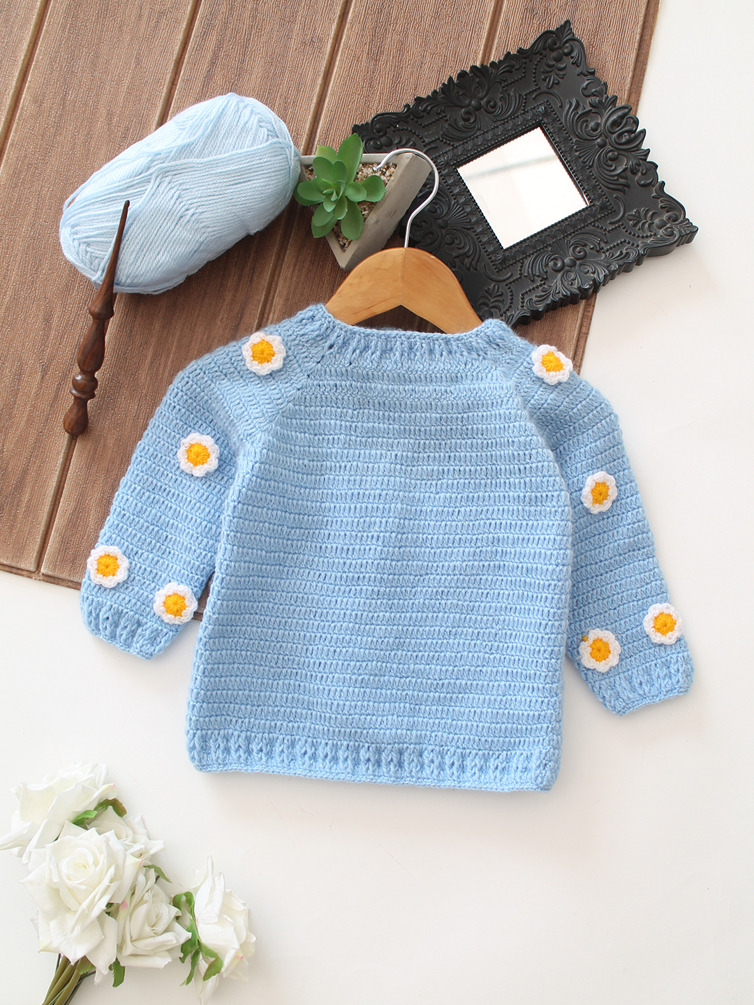 Daisy Floral Sleeve Baby Sweater - Sky Blue