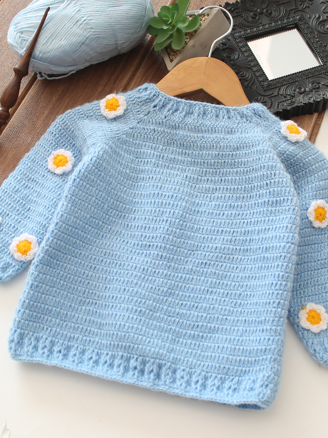 Daisy Floral Sleeve Baby Sweater - Sky Blue