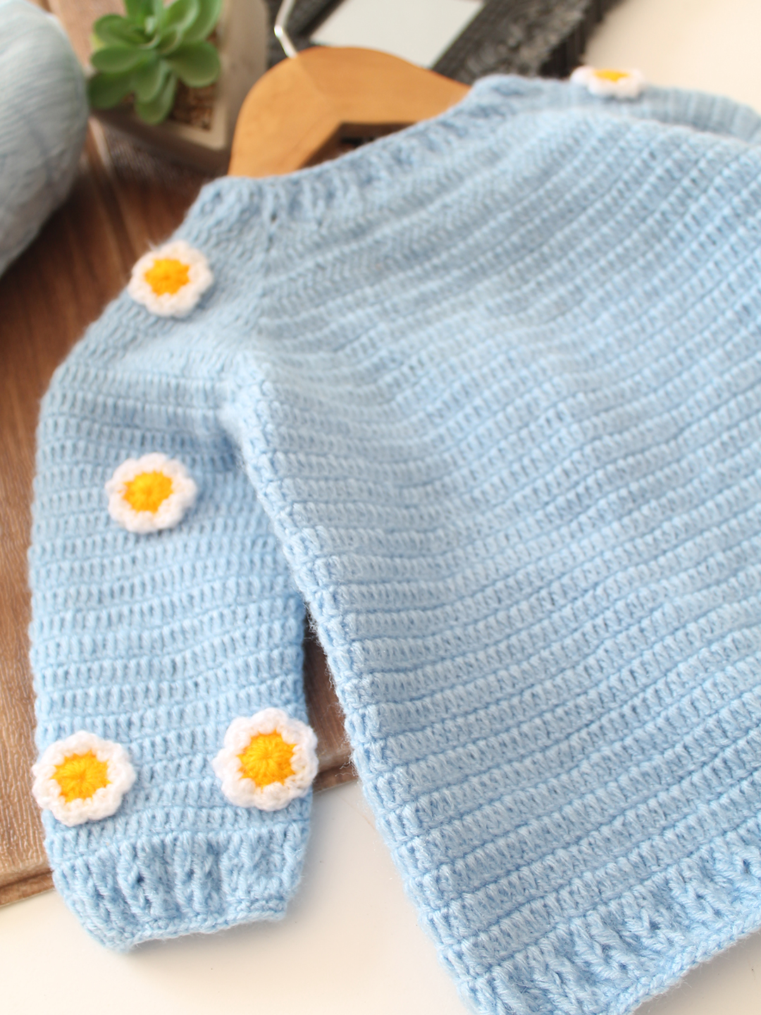 Daisy Floral Sleeve Baby Sweater - Sky Blue