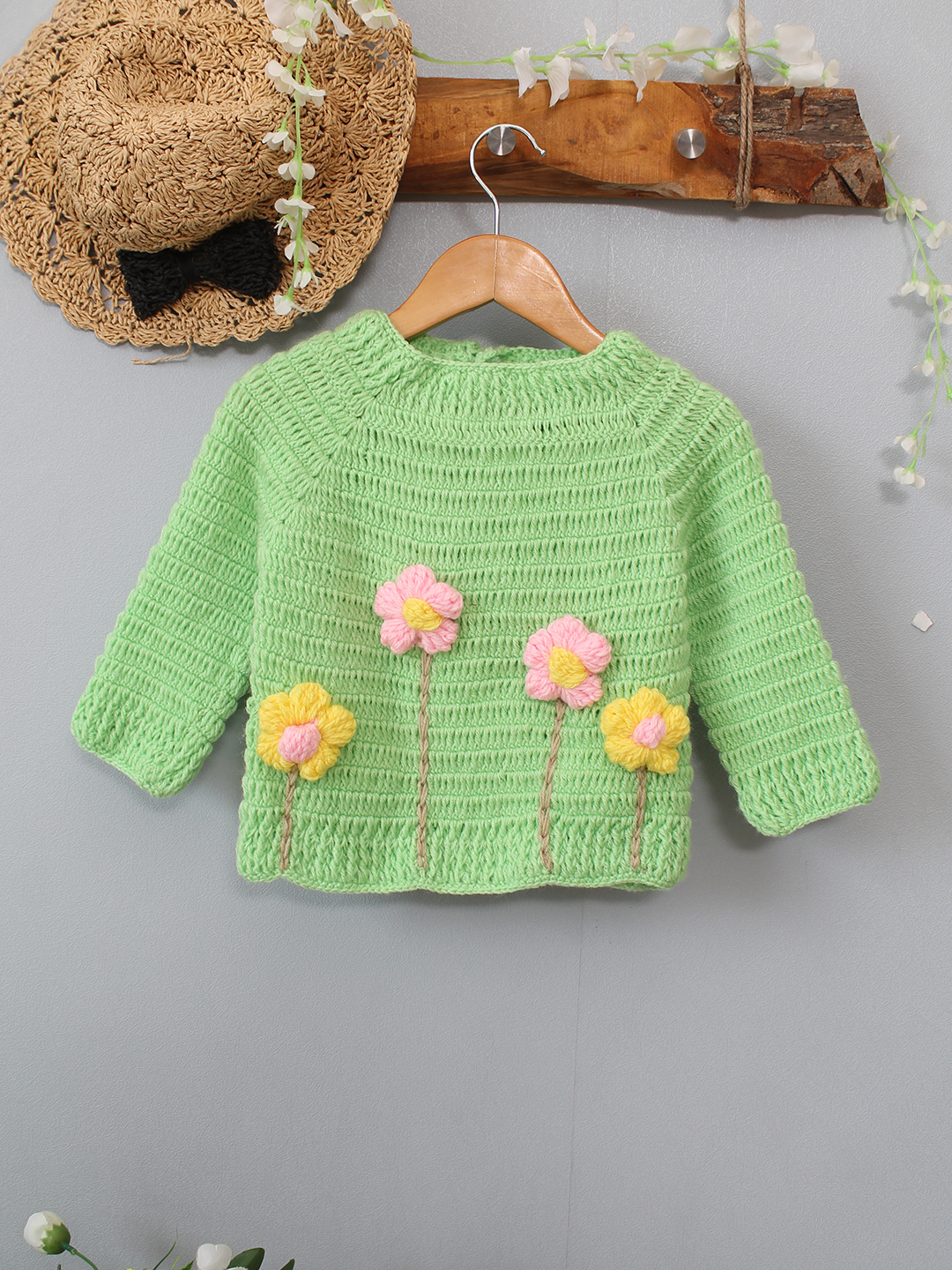 Woonie Crochet Floral Sweater - Green