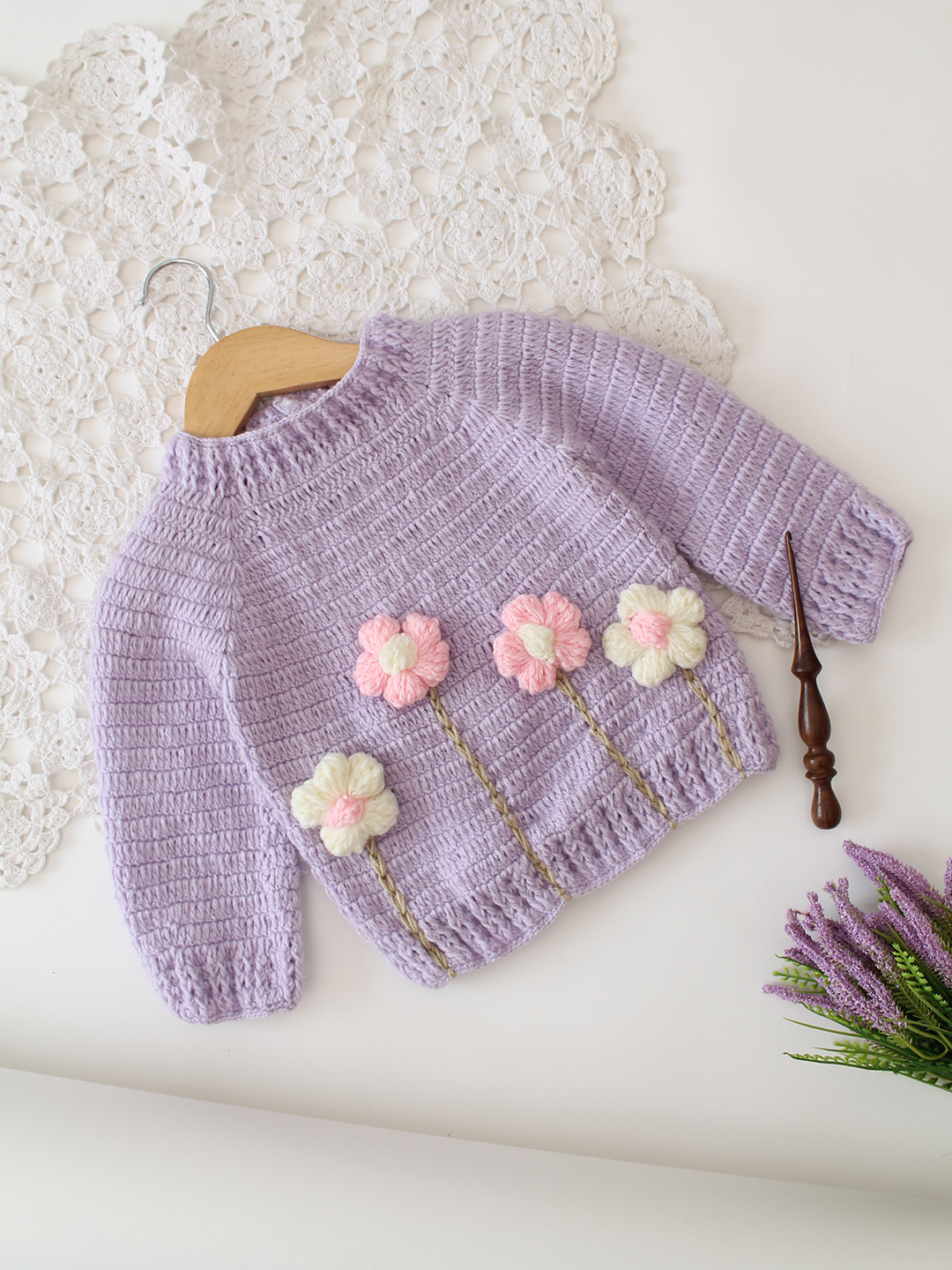 Woonie Crochet Floral Sweater - Lavender