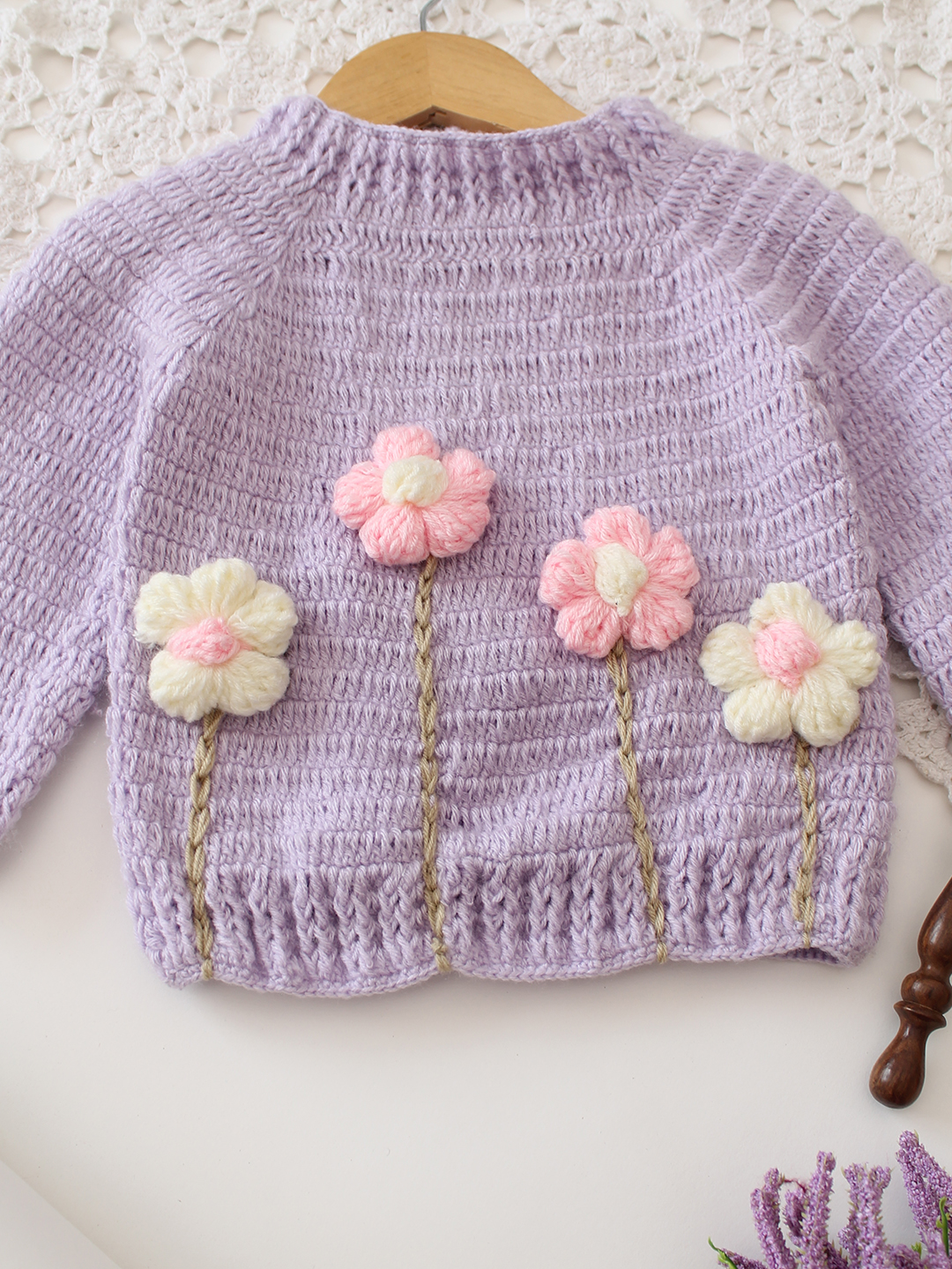 Woonie Crochet Floral Sweater - Lavender