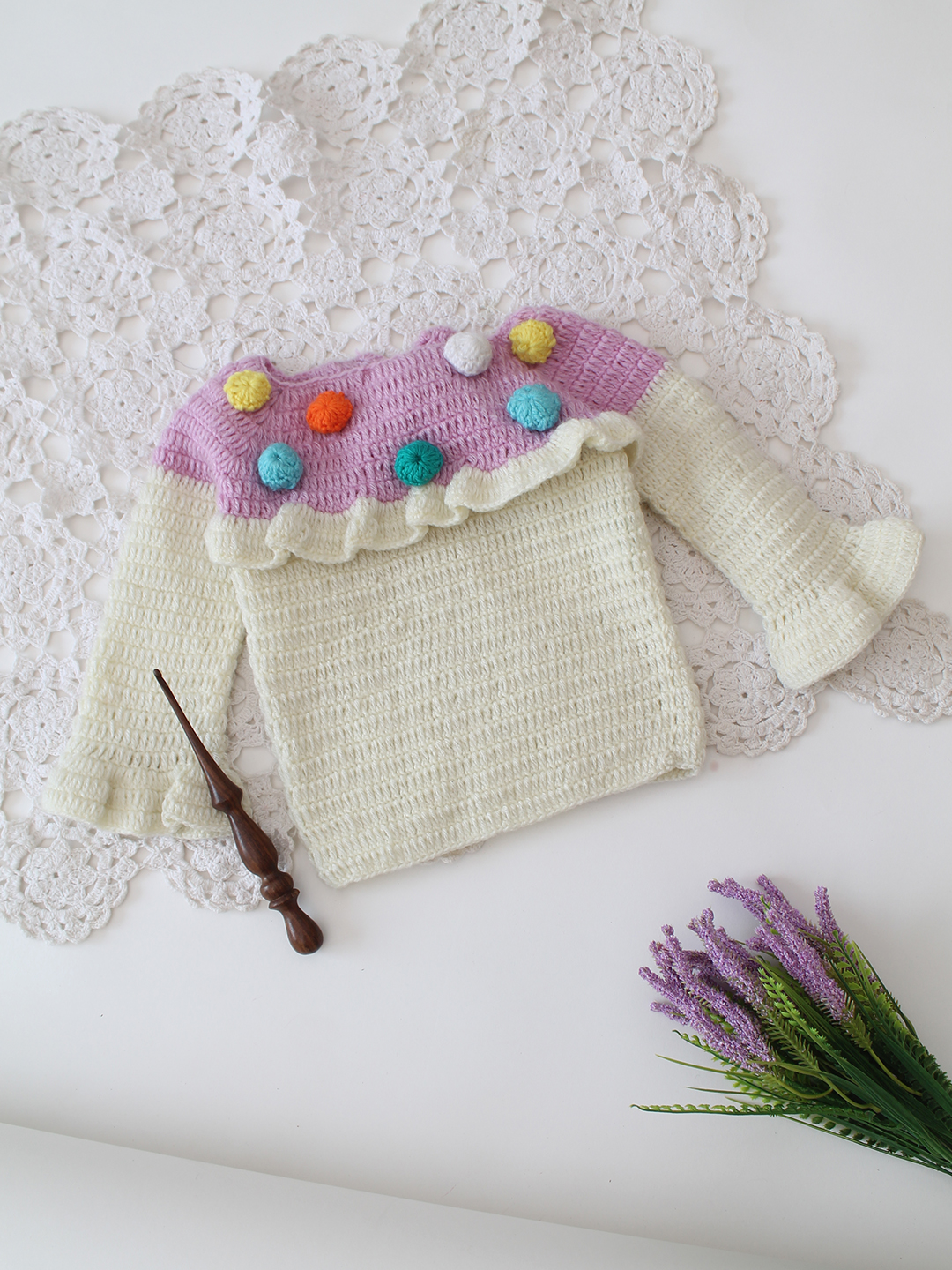 Woonie Crochet Colorful Pom Poms - Cream