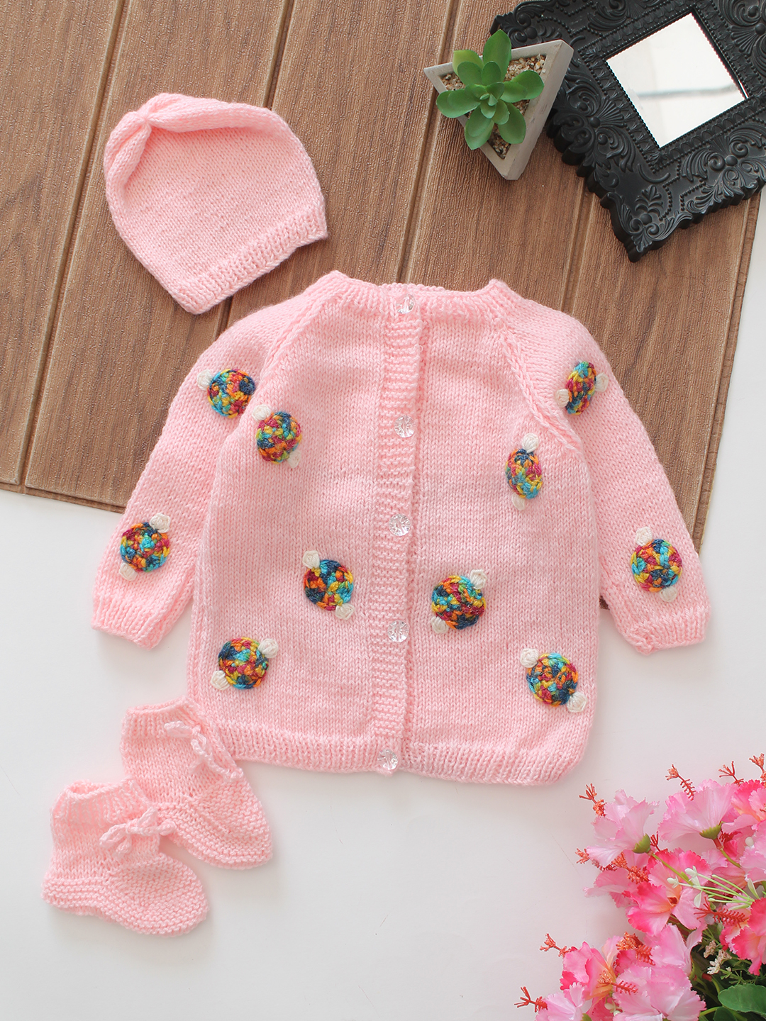 Woonie Embroidered Baby Sweater Set - Pink
