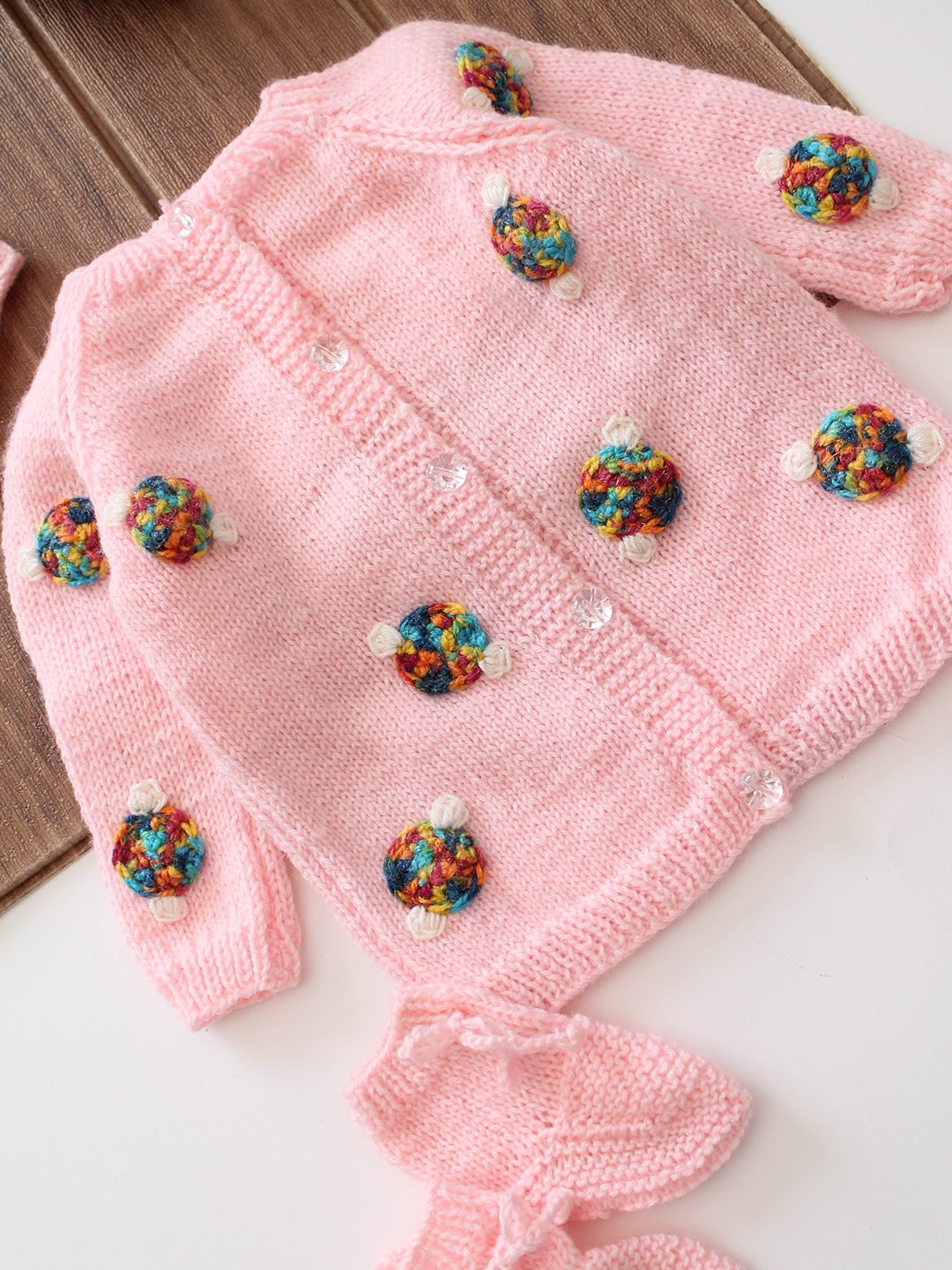 Woonie Embroidered Baby Sweater Set - Pink