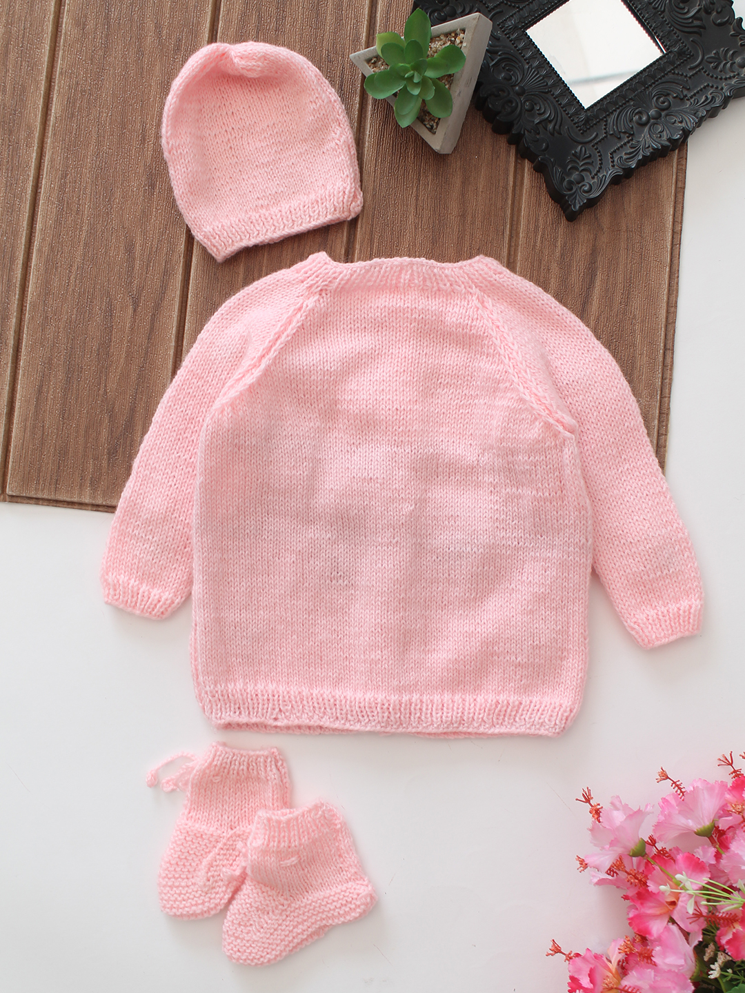 Woonie Embroidered Baby Sweater Set - Pink