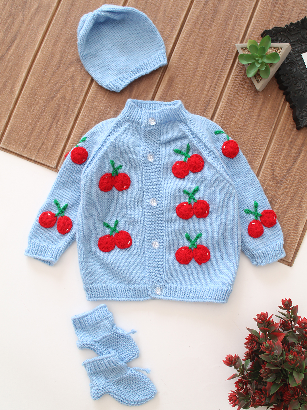Woonie Cherry Applique Baby Sweater Set - Blue