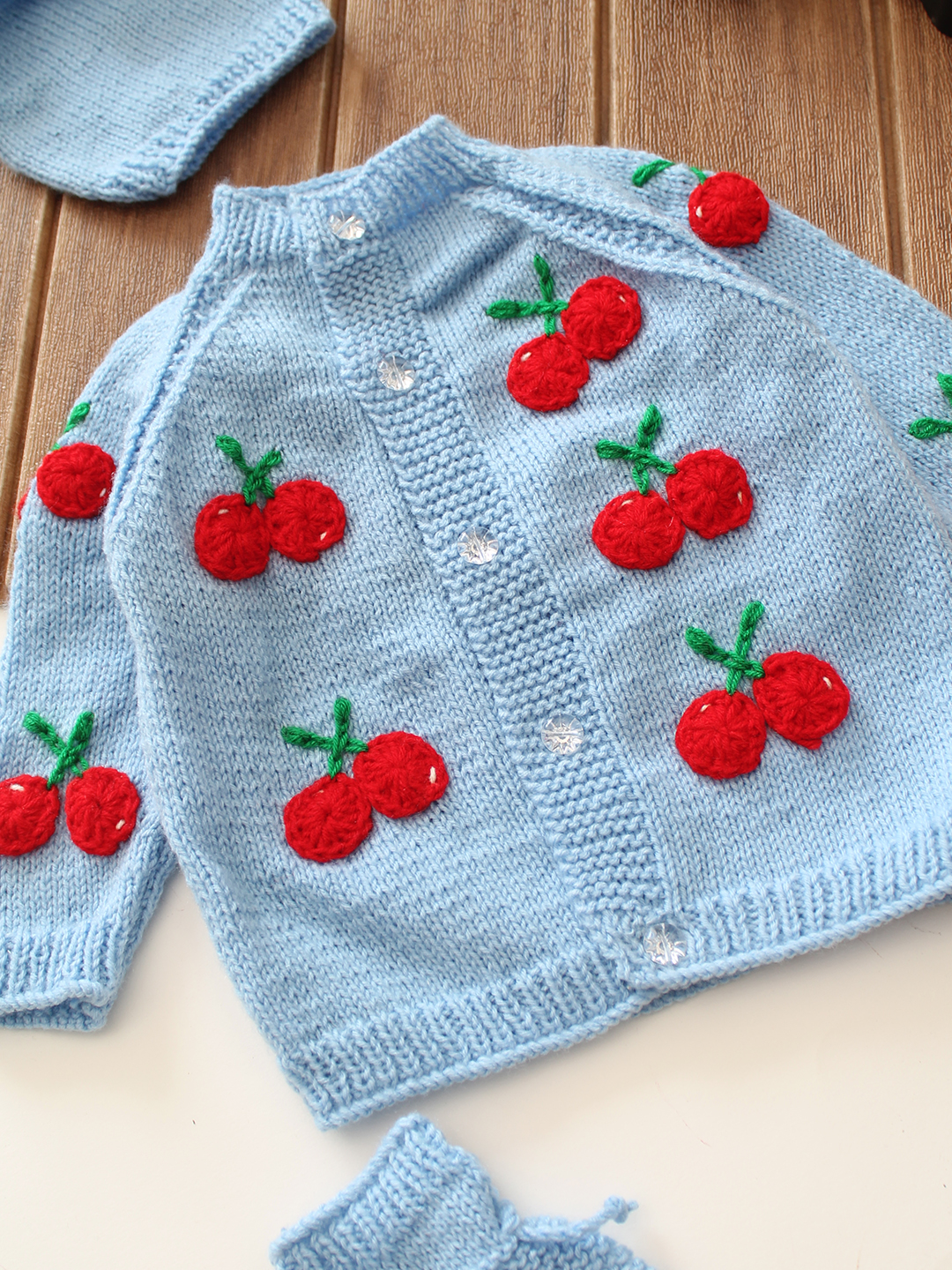 Woonie Cherry Applique Baby Sweater Set - Blue