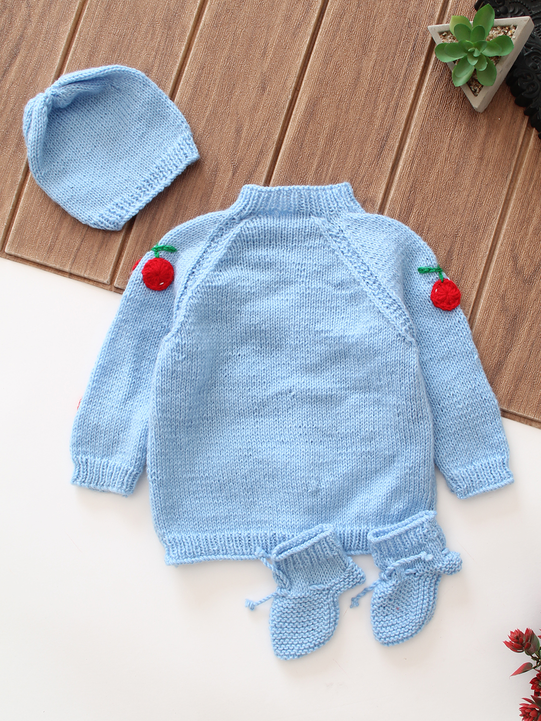 Woonie Cherry Applique Baby Sweater Set - Blue