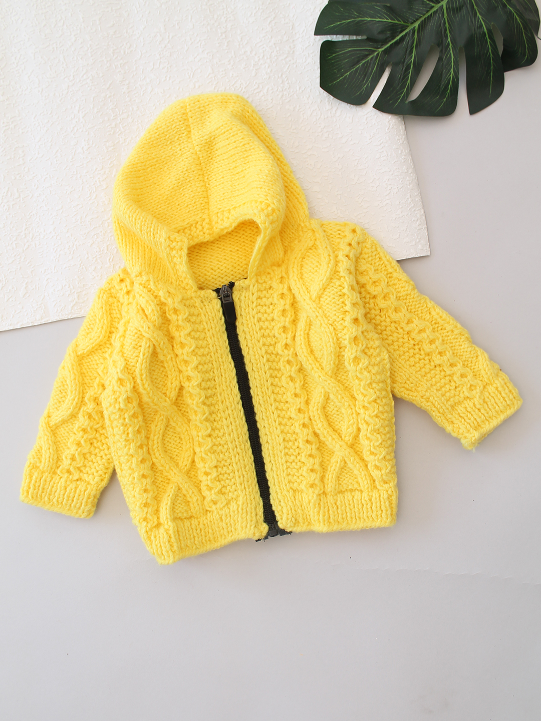 Cable Knit Hooded Sweater With Zip - Yellow