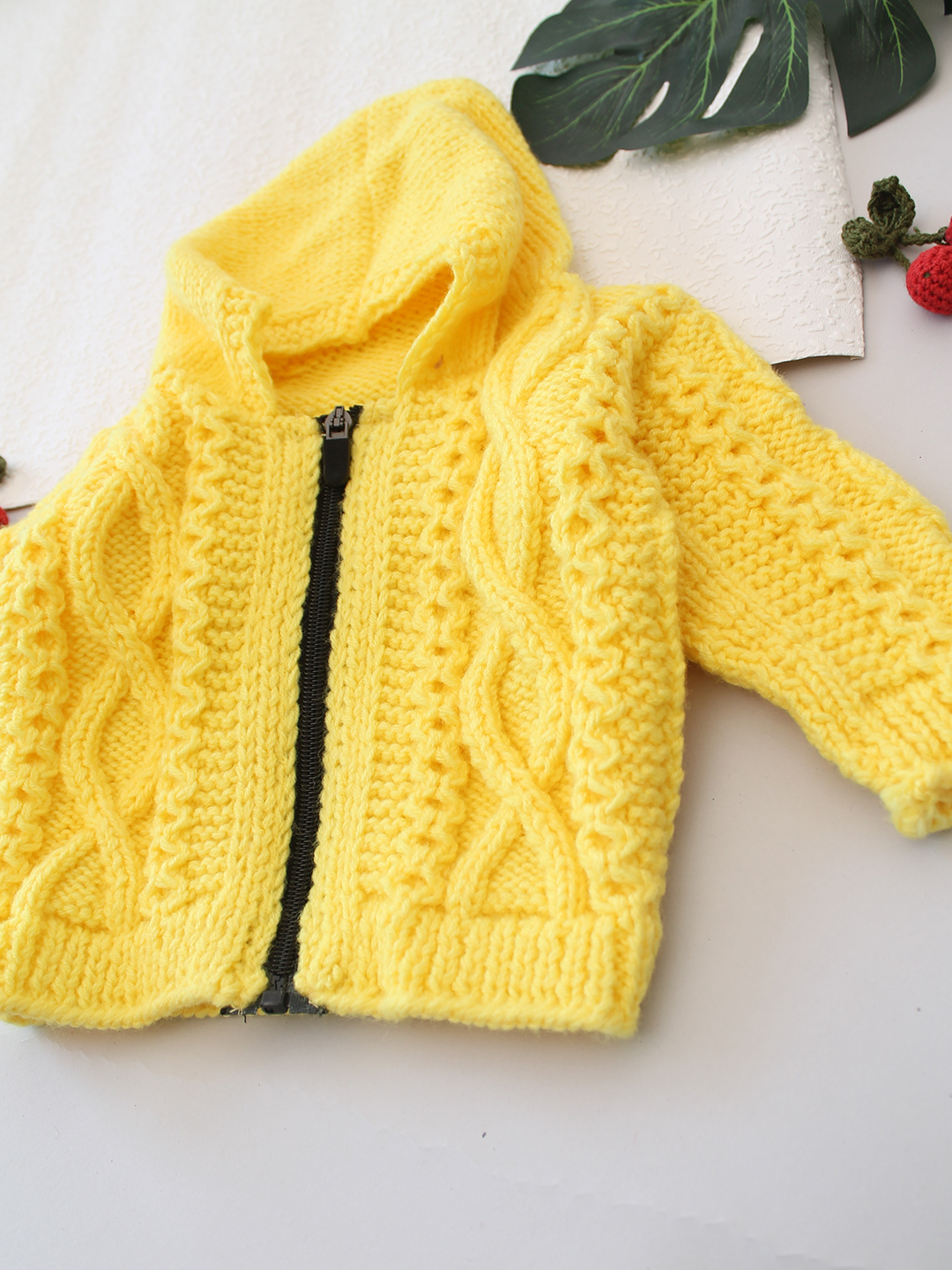 Cable Knit Hooded Sweater With Zip - Yellow