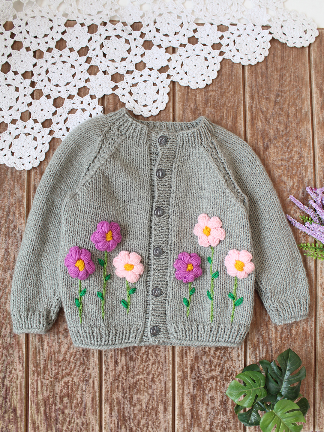 Floral Embriodered Baby Cradigan - Grey