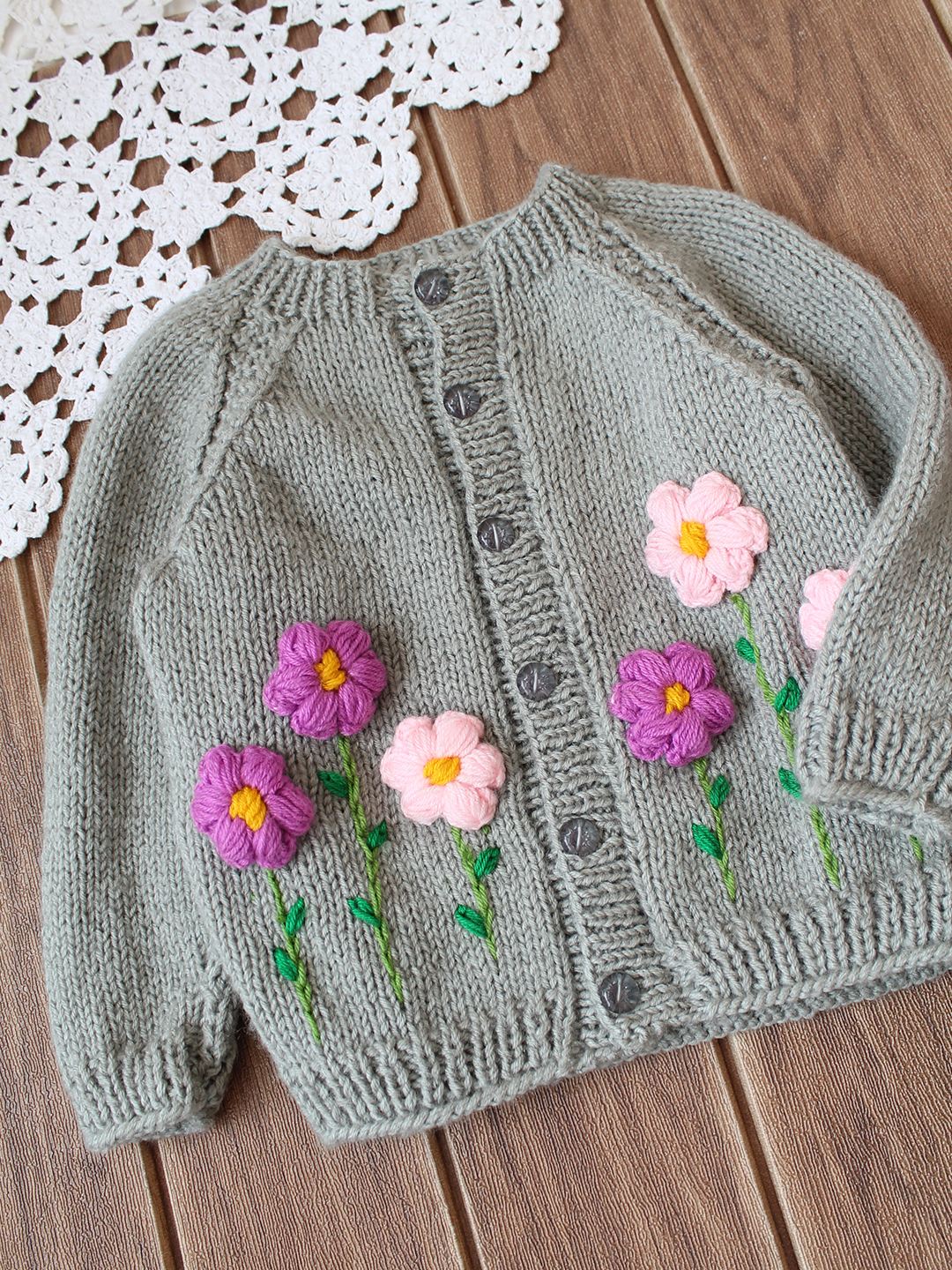 Floral Embriodered Baby Cradigan - Grey