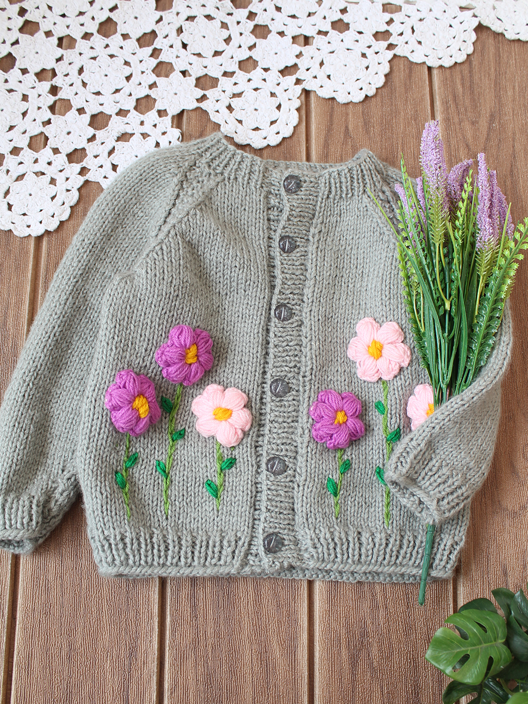 Floral Embriodered Baby Cradigan - Grey