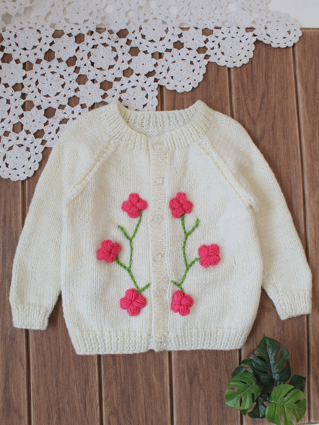Floral Appliques Knitted Cradigan - Cream