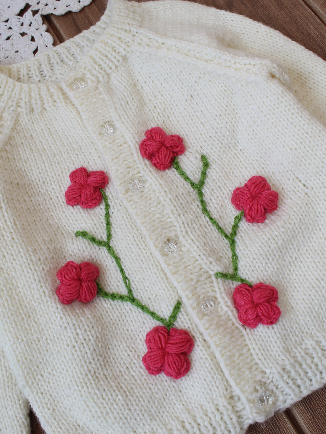 Floral Appliques Knitted Cradigan - Cream