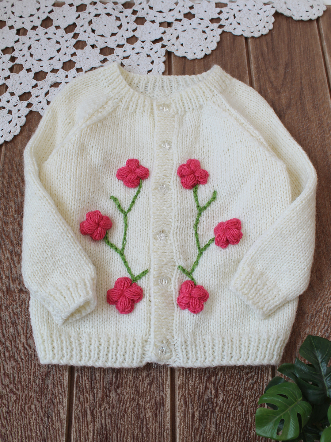 Floral Appliques Knitted Cradigan - Cream