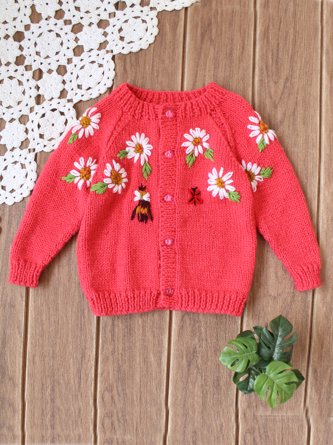 Floral Embriodered Baby Cradigan - Coral