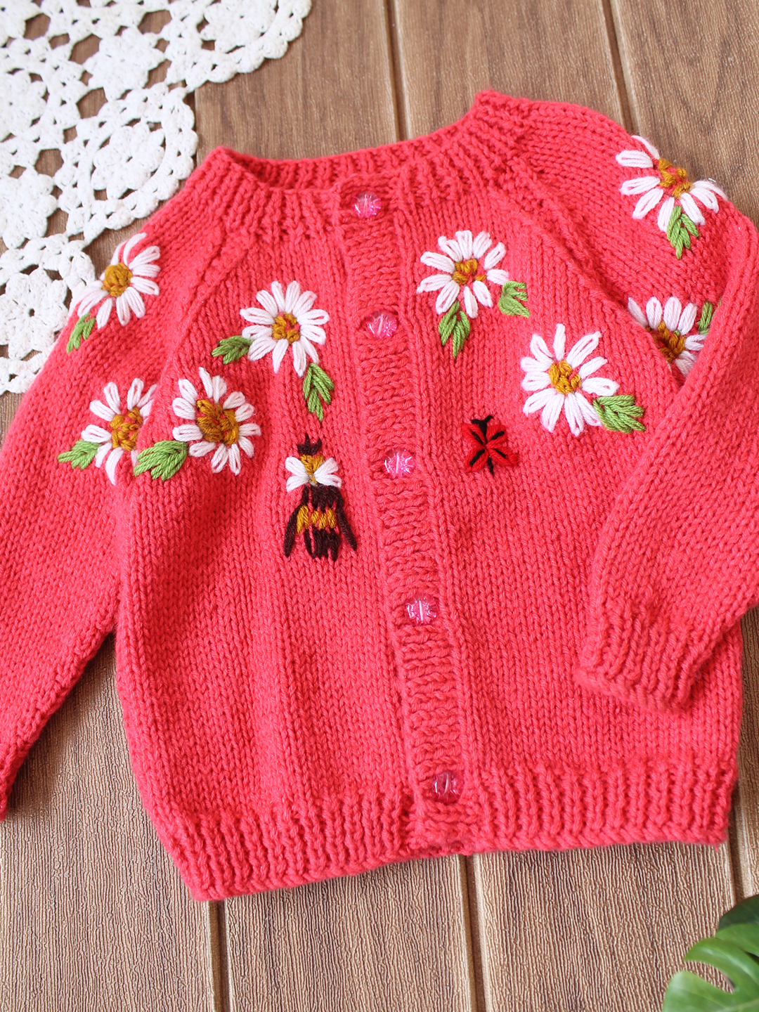 Floral Embriodered Baby Cradigan - Coral