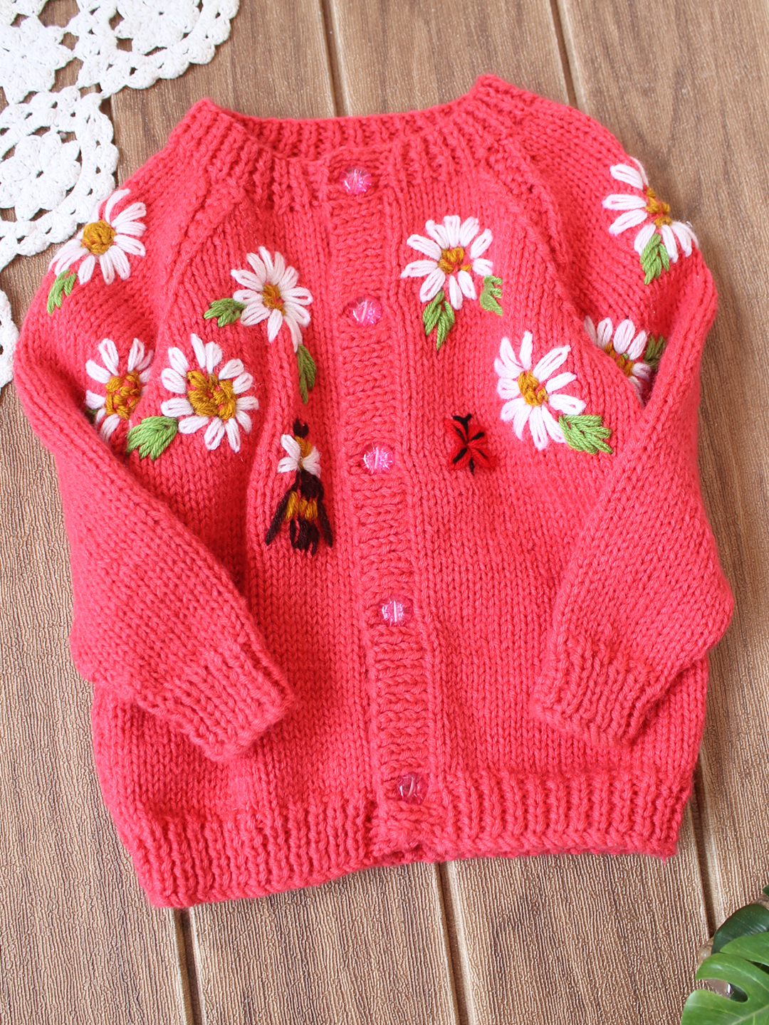 Floral Embriodered Baby Cradigan - Coral