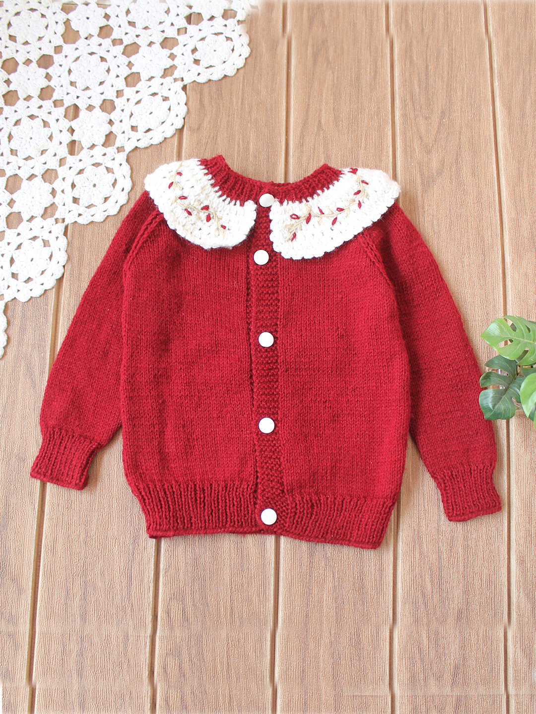 Crochet Ruffle Collar Baby Sweater - Maroon