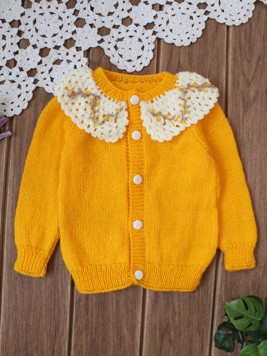 Crochet Ruffle Collar Baby Sweater - Yellow