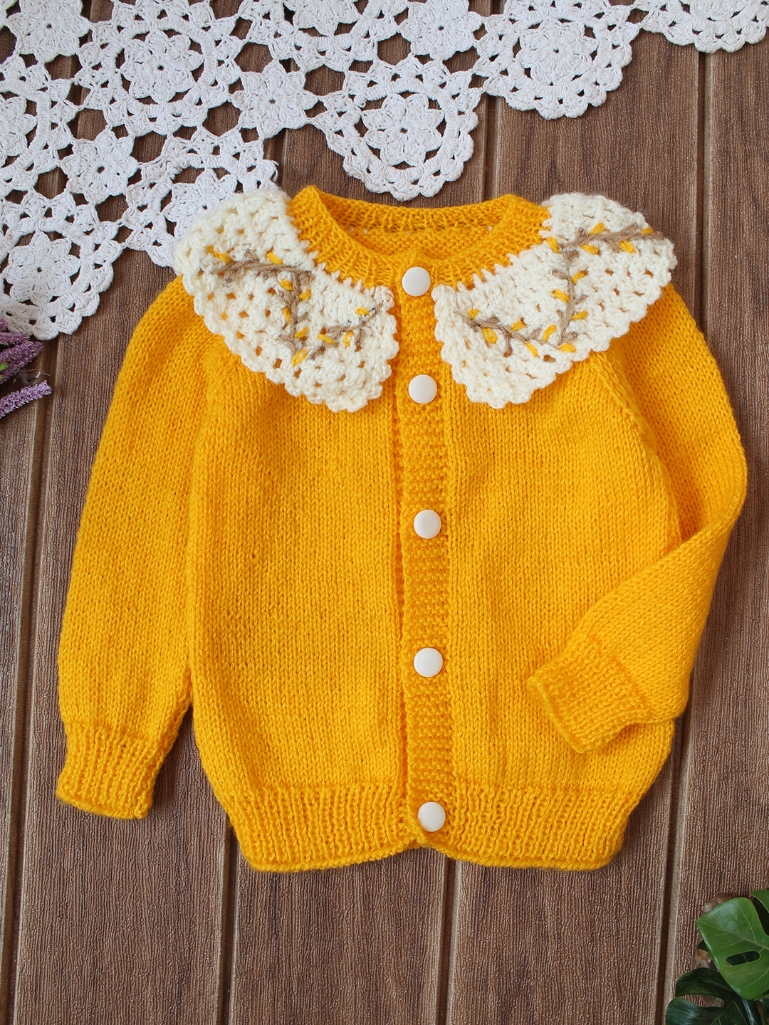 Crochet Ruffle Collar Baby Sweater - Yellow