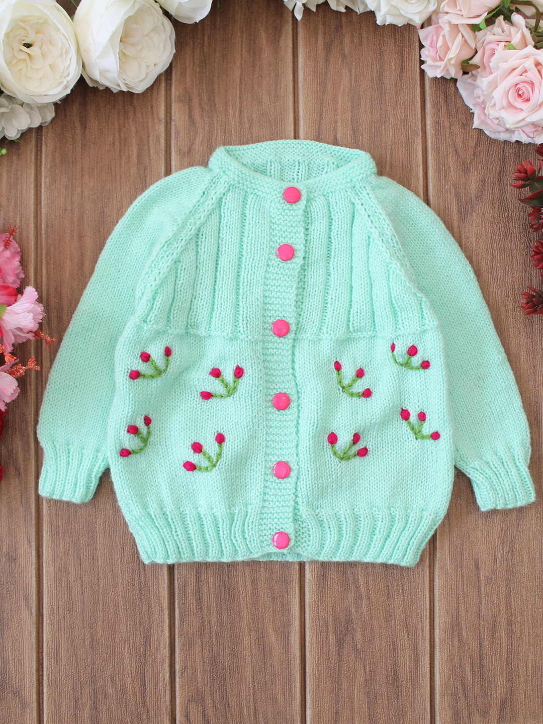 Embroidered Lazy Daisy Floral Sweater Set - Green