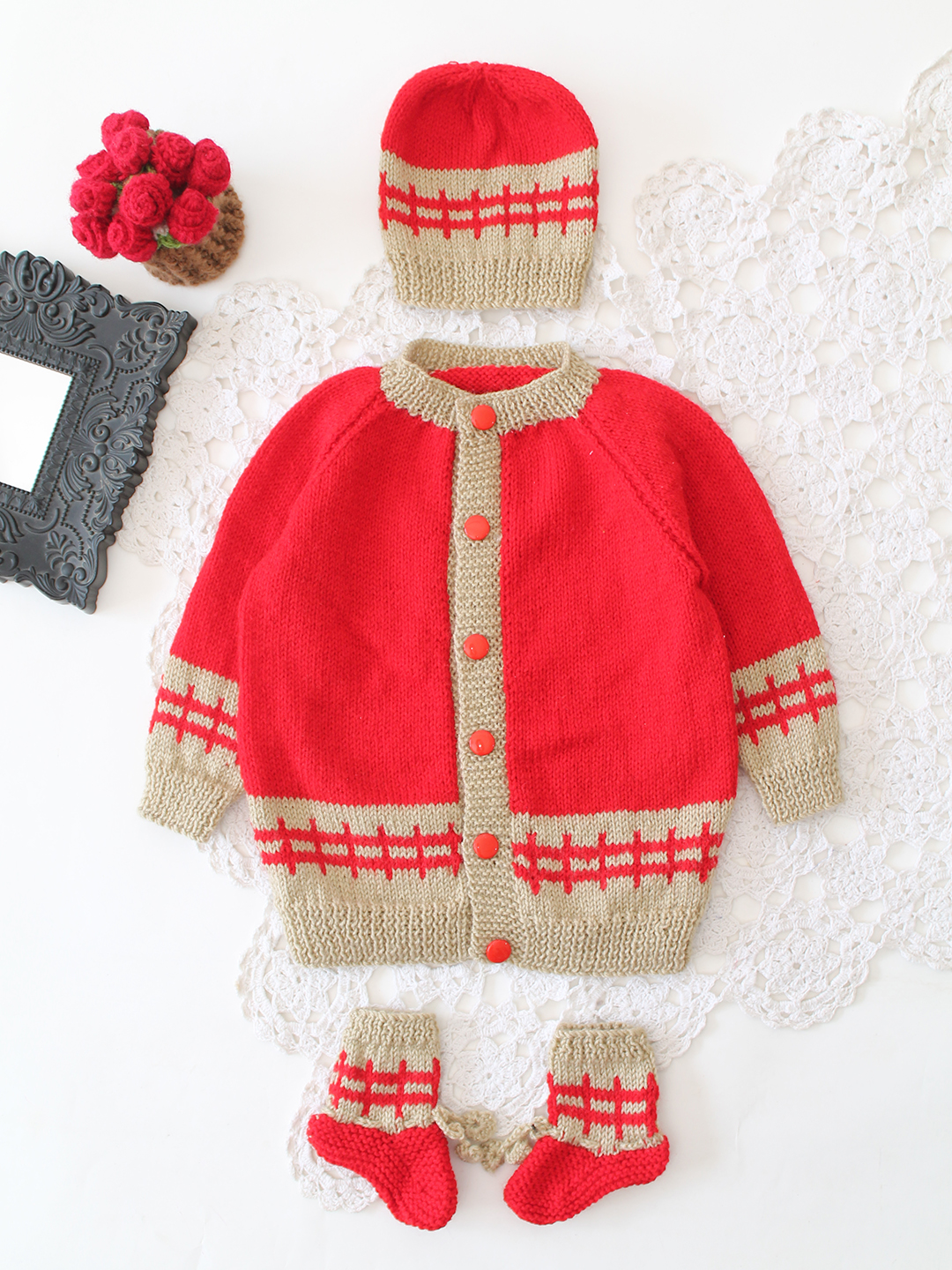 Handknitted Sweater Set - Red