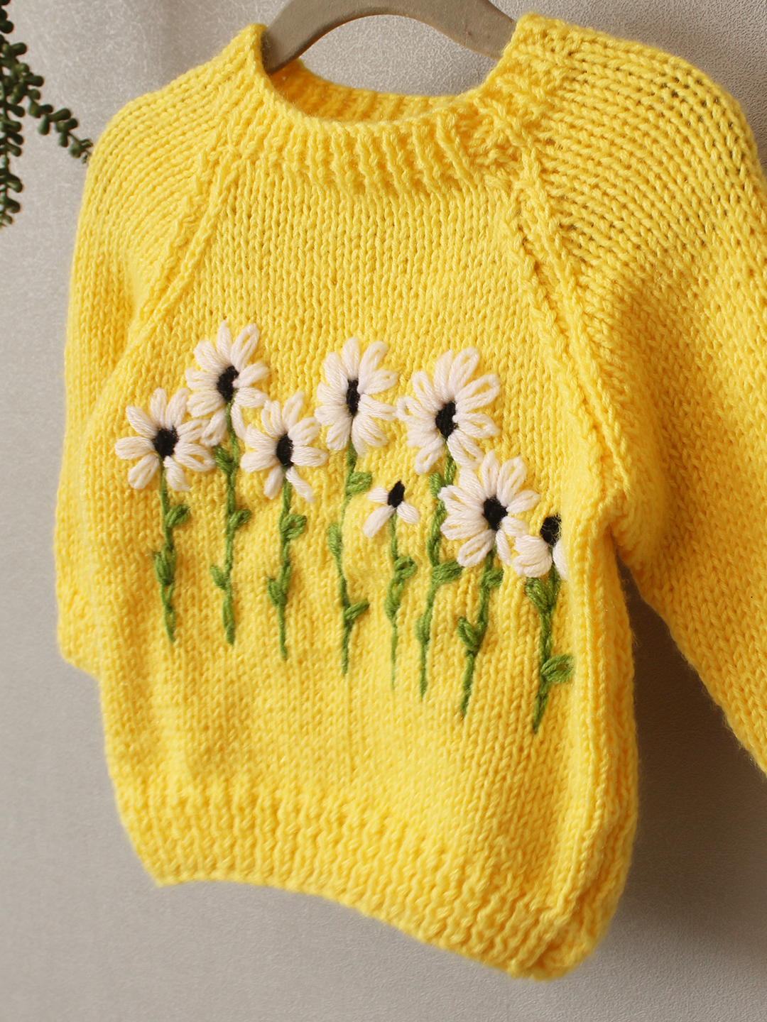 Handknitted Floral Embroidered Sweater - Yellow