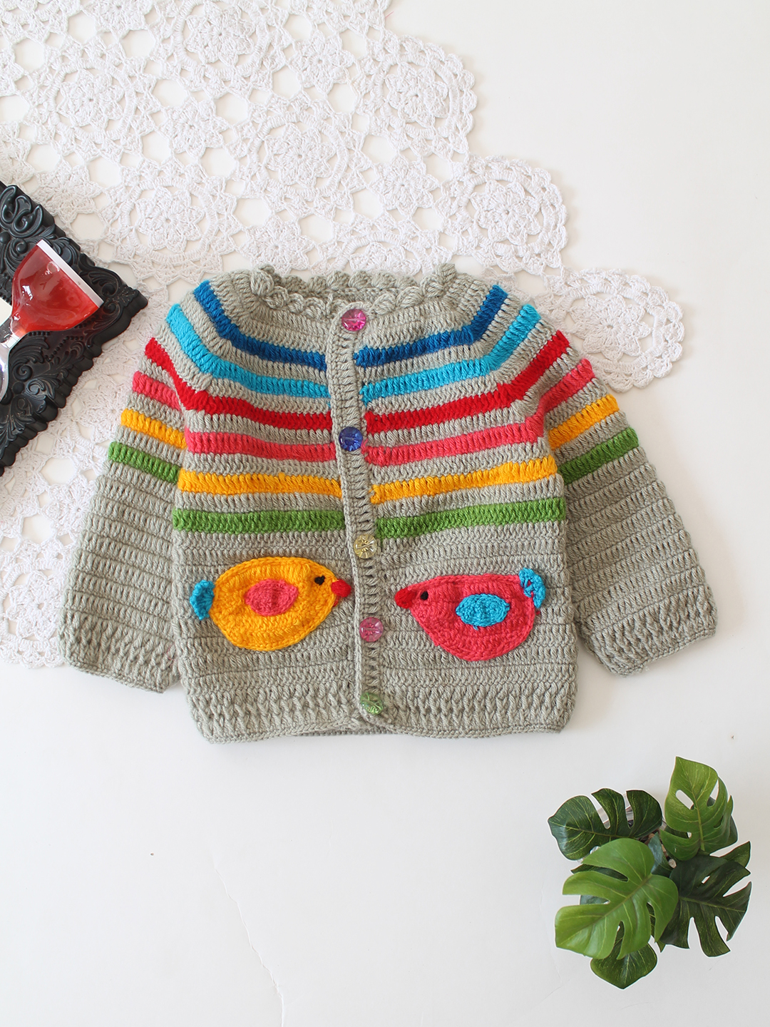 Crochet Striped Front Button Sweater - Grey