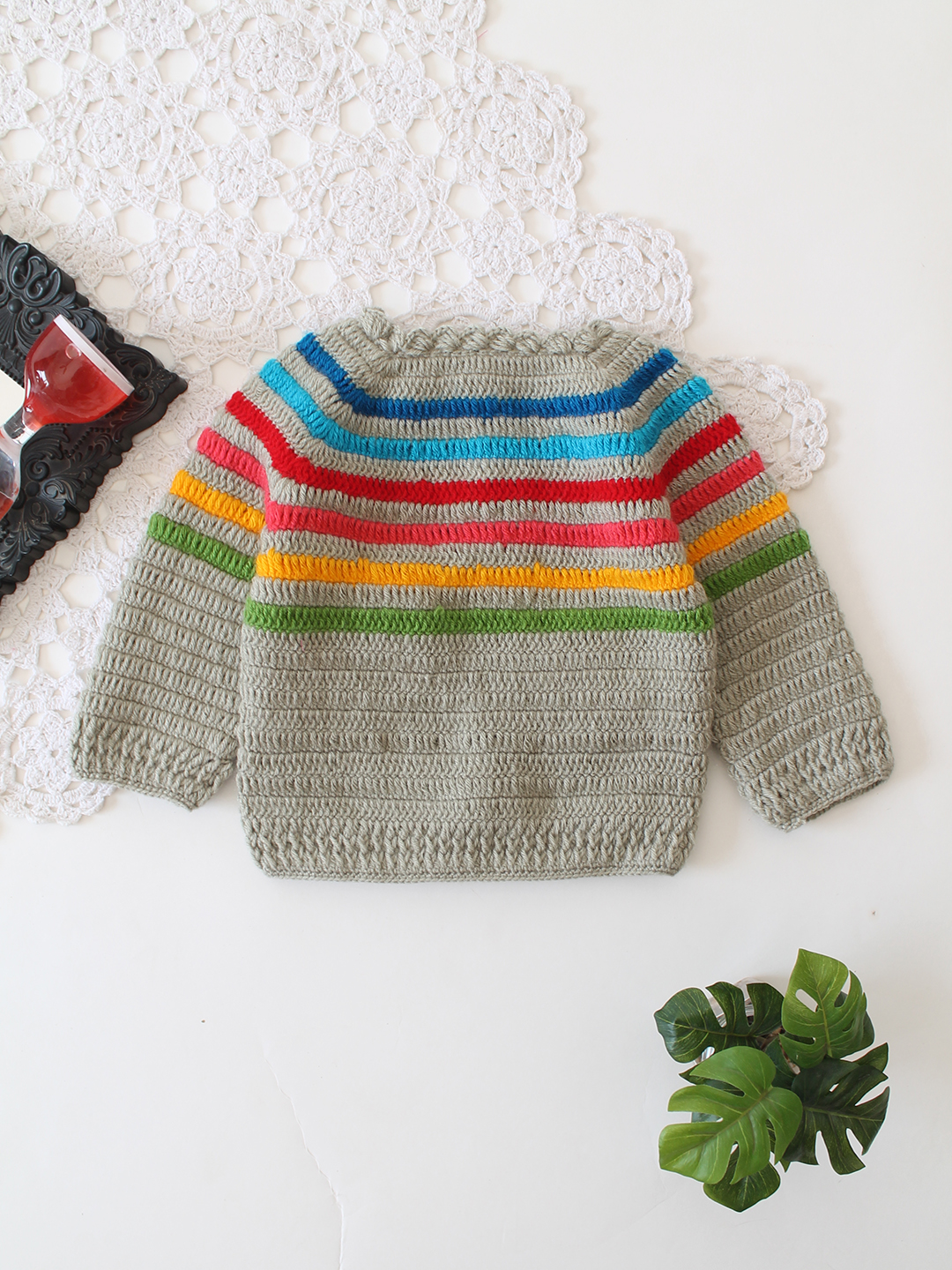 Crochet Striped Front Button Sweater - Grey