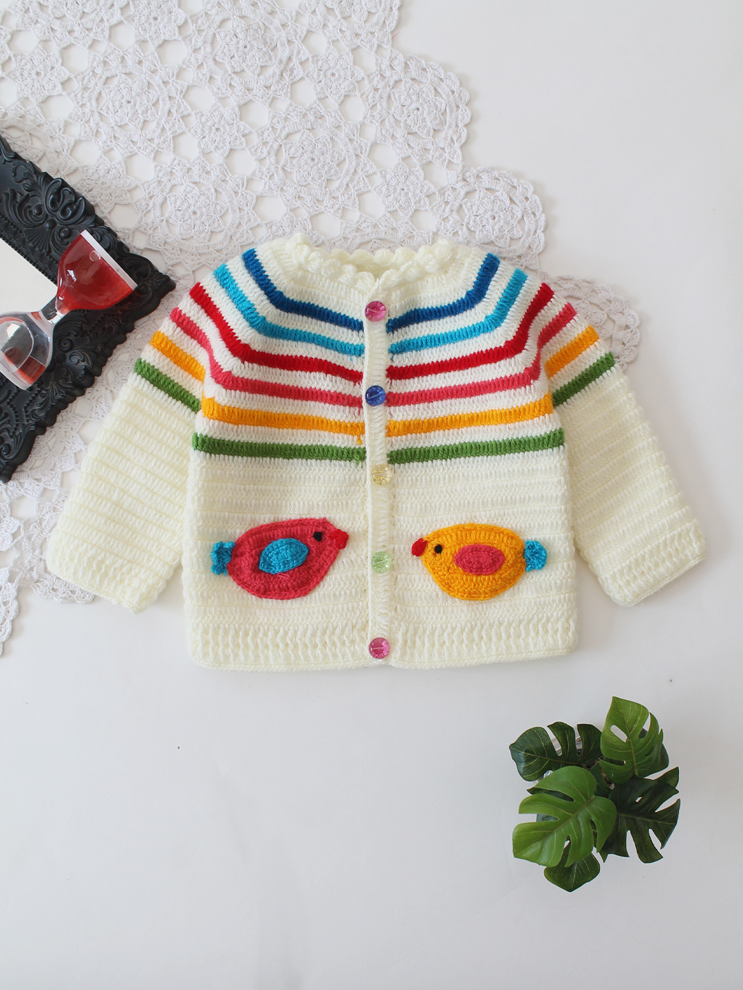 Crochet Striped Front Button Sweater - Cream