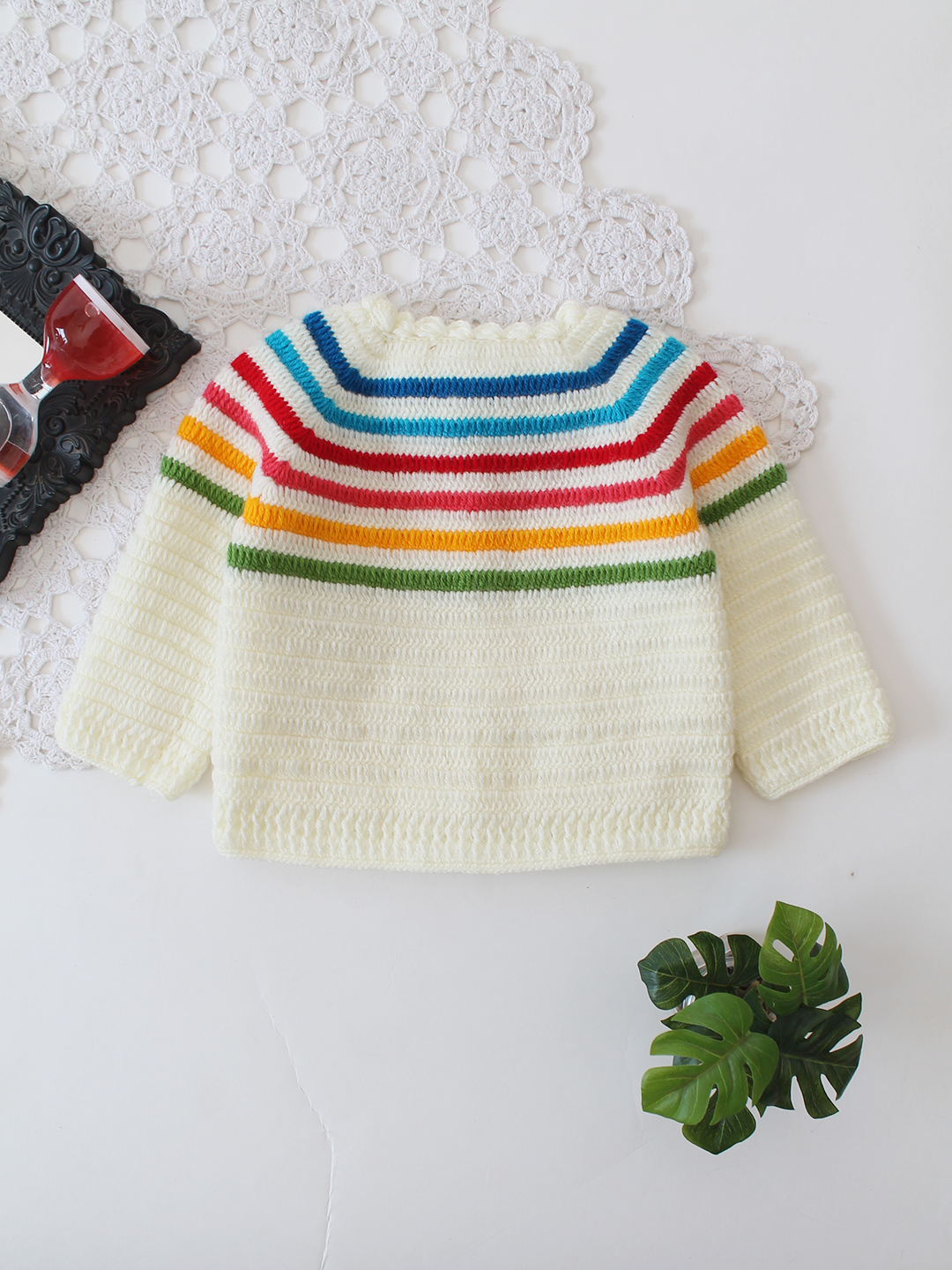 Crochet Striped Front Button Sweater - Cream