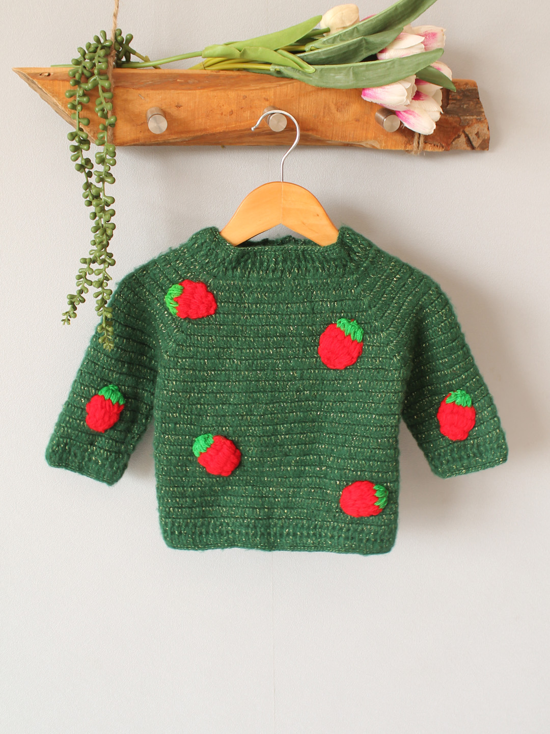 Crochet Strawberry Baby Sweater - Green