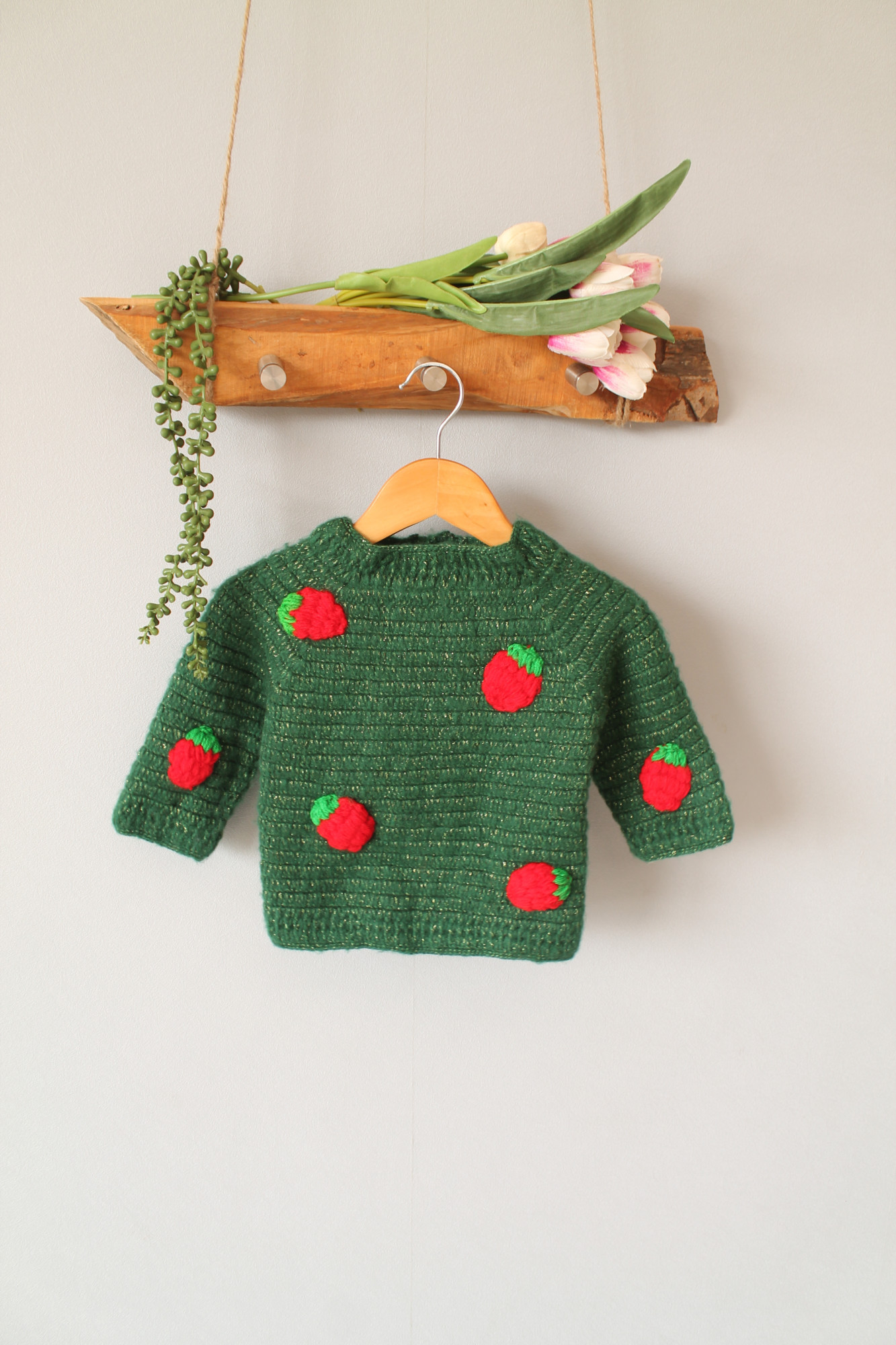 Crochet Strawberry Baby Sweater - Green