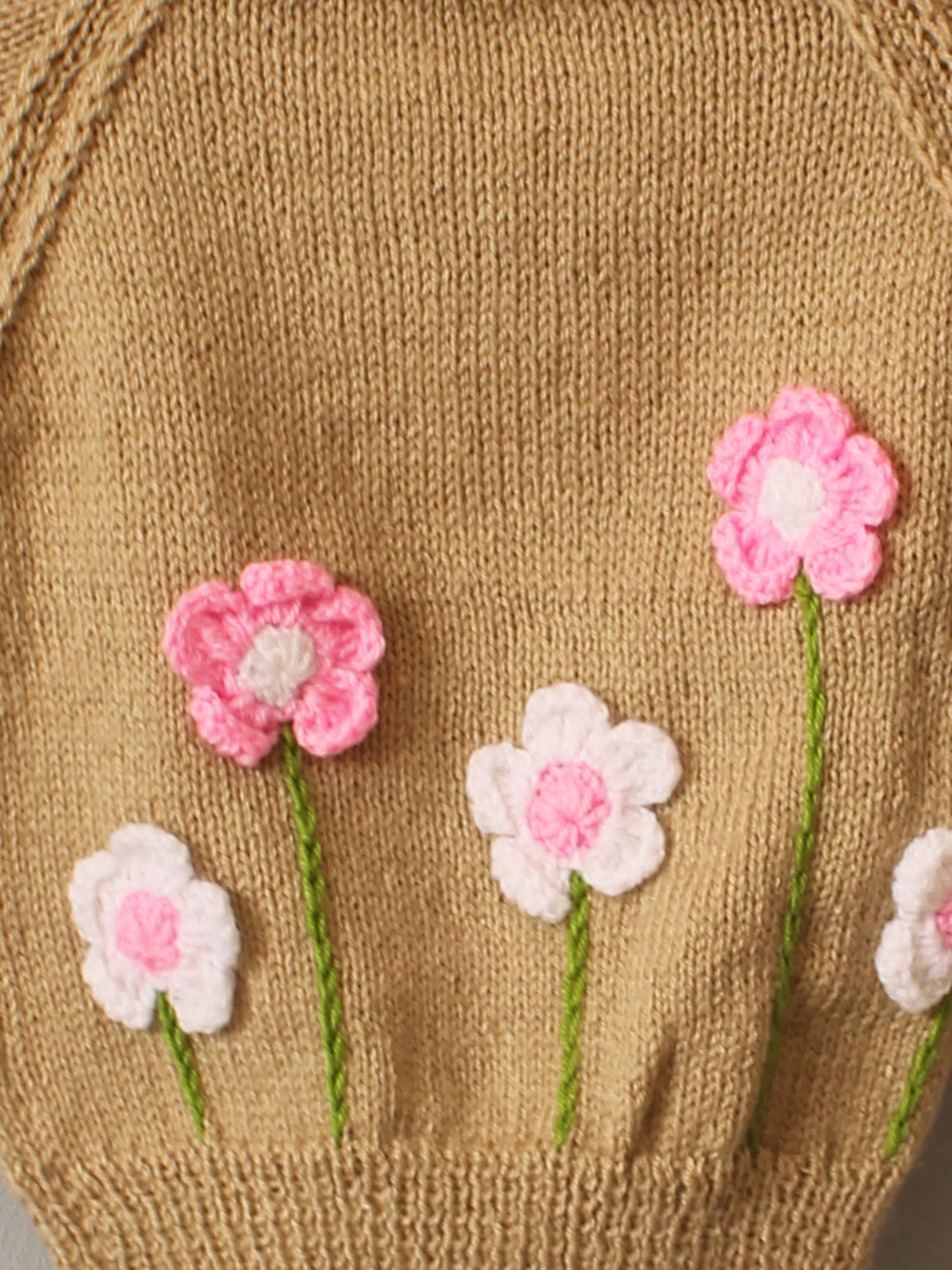 Handknitted Floral Applique Sweater - Beige