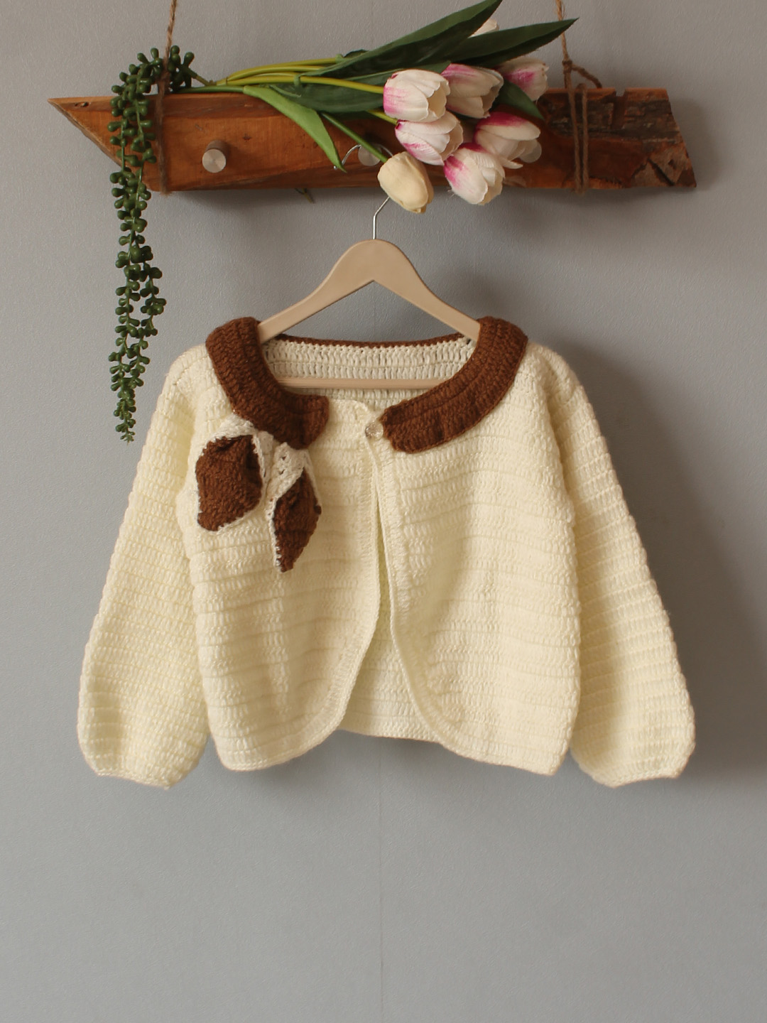 Crochet Brown Collar Sweater - Cream