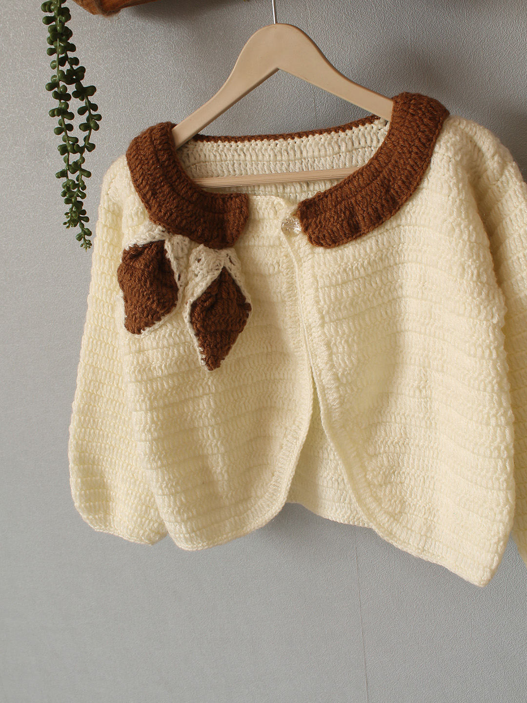 Crochet Brown Collar Sweater - Cream
