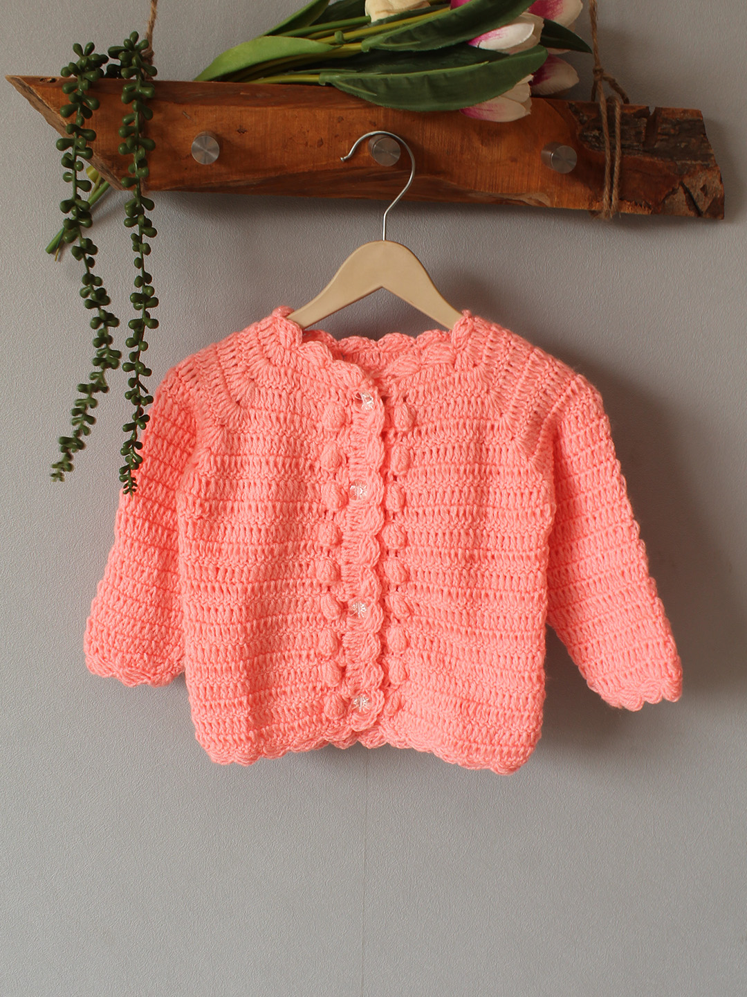Crochet Self Design Sweater - Peach